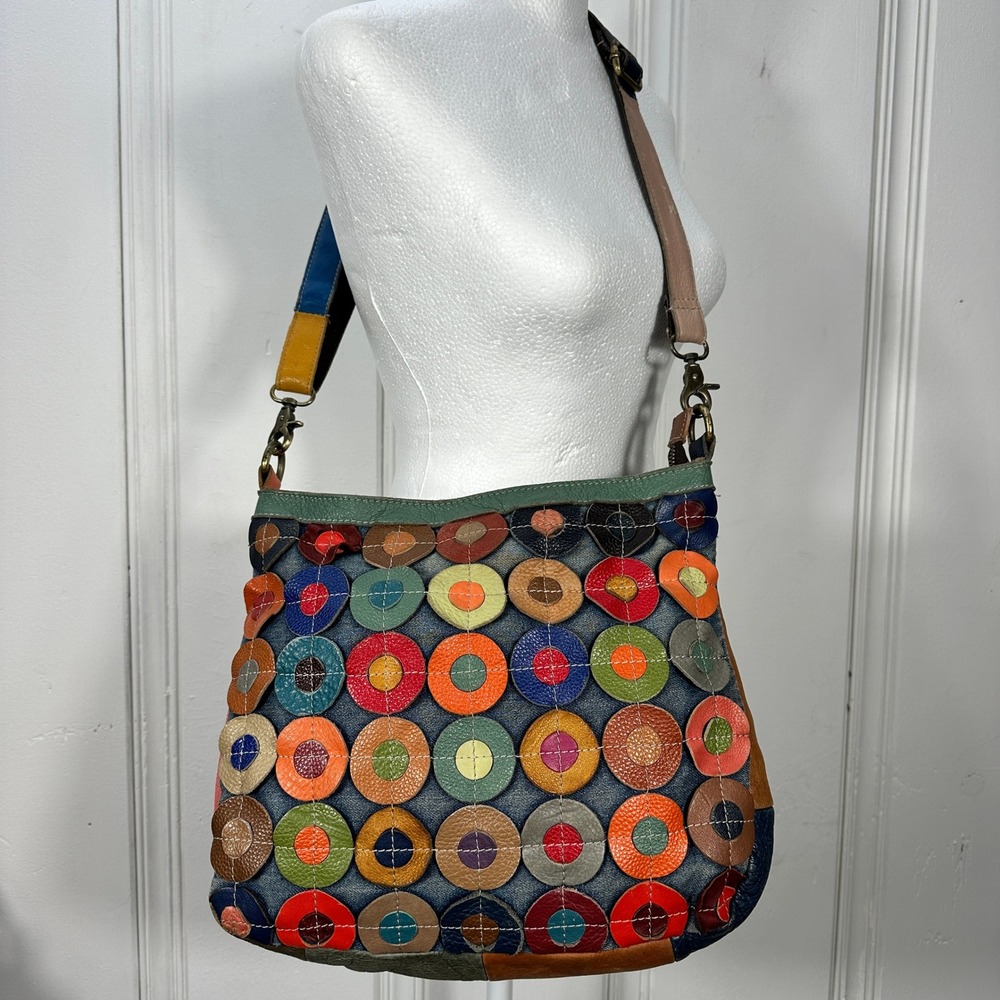 Just Millie Crossbody Bag Womens Medium Multi Color Good Leather Denim Patchwork